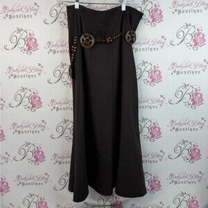 Vamp skirt belted wooden belt maxi long Elegant Brown Skirt with Decorative Belt